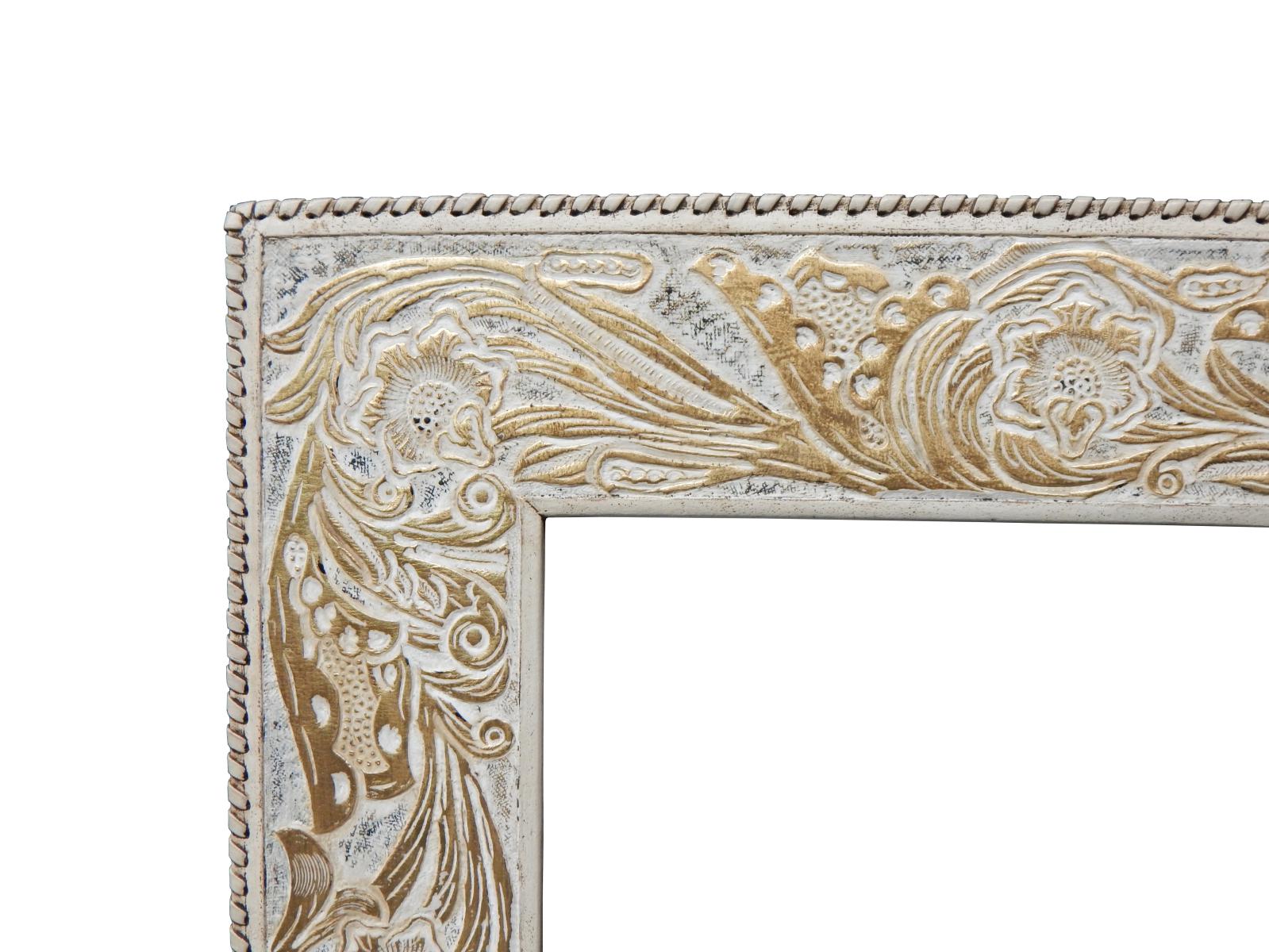 leather frame with hand tooled/tooling western floral design and hand stitch edge lacing