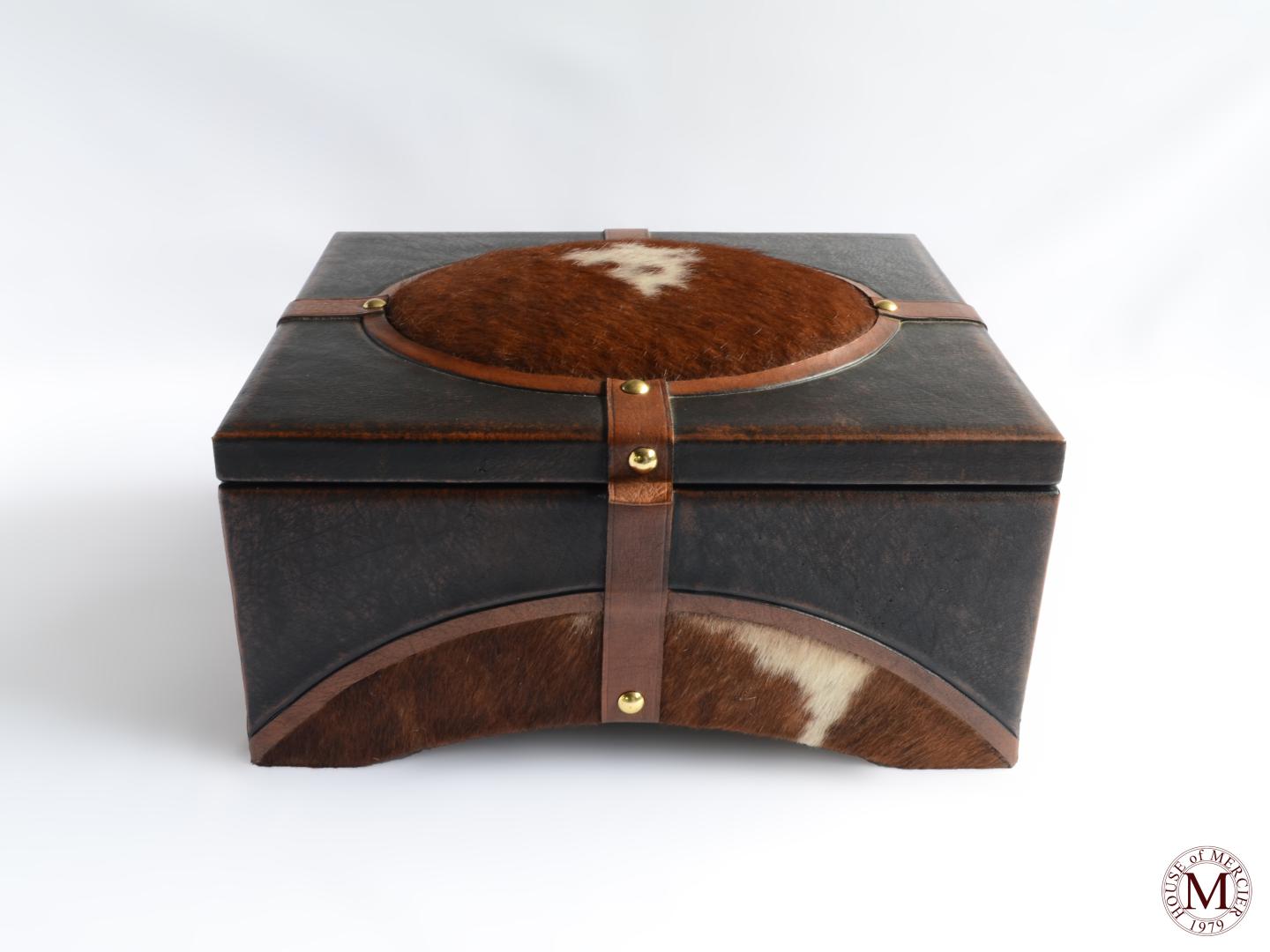 leather box with a cowhide hair real brown/white color and belts