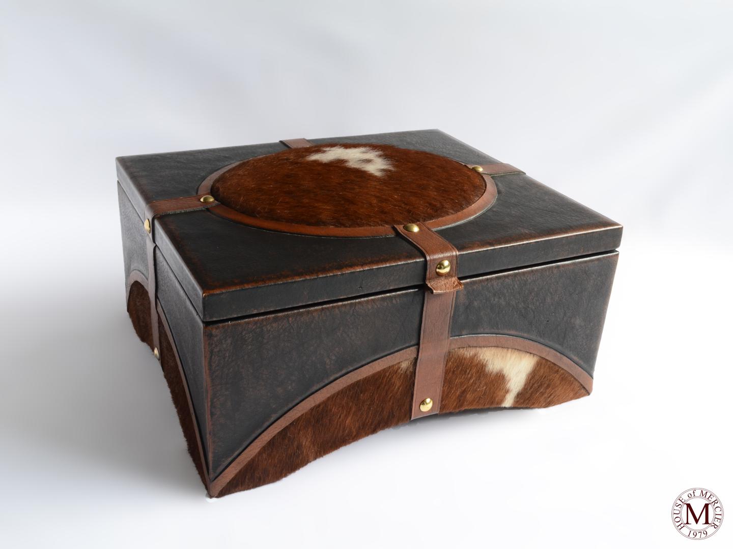 leather box with a cowhide hair real brown/white color and belts